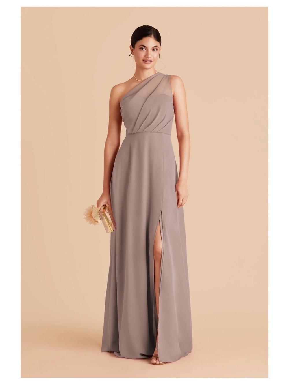 Birdy Grey One-Shoulder Taupe Gown with Front Slit